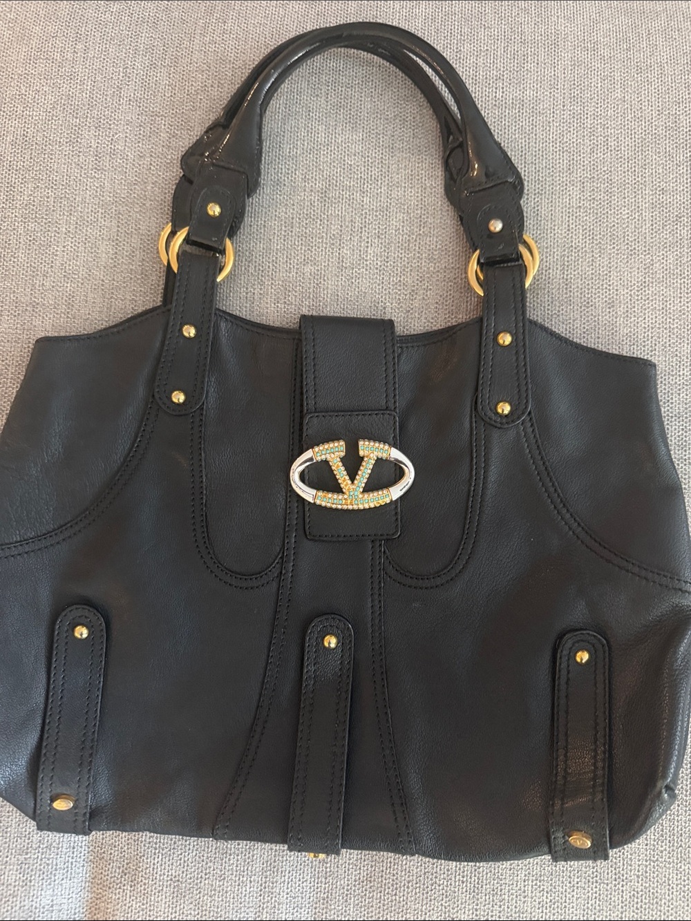 Valentino Black Leather Shoulder Bag with Gold-Tone Logo